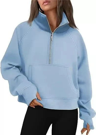 New Women's Spring Autumn Winter Stand Collar Plus Fleece Solid Color Hoodie Long Sleeve Pocket Loose Half Zip Pullover Hoodie Pi-Mart
