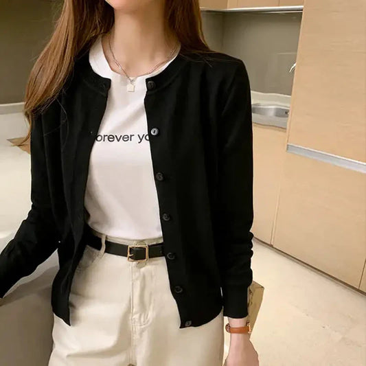 Rimocy Knitted Cardigan Jacket Women 2025 Spring Autumn Round Neck Casual Cardigans Woman Solid Color Slim Korean Jumpers Female LadyShow.Store