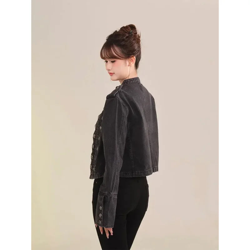 Women's American Retro Denim Military Inspired Cropped Jacket Long Sleeve Stand Collar Casual Motorcycle Coat LadyShow.Store