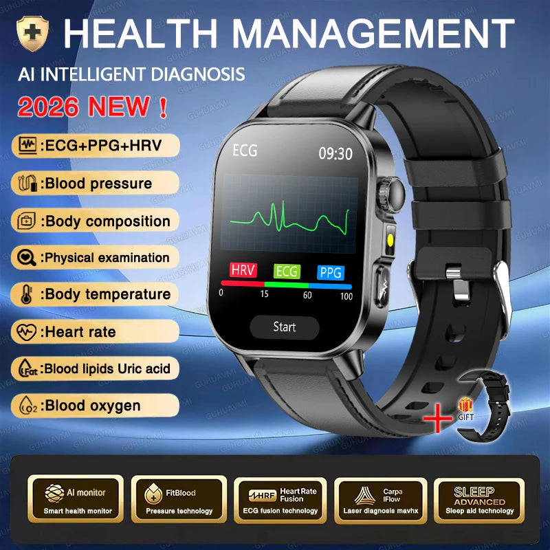 New Men Accurate Health Diagnosis ECG Smart Watch Blood Pressure Blood Oxygen Blood Fat Uric Acid Temp Bluetooth call Smartwatch Pi-Mart