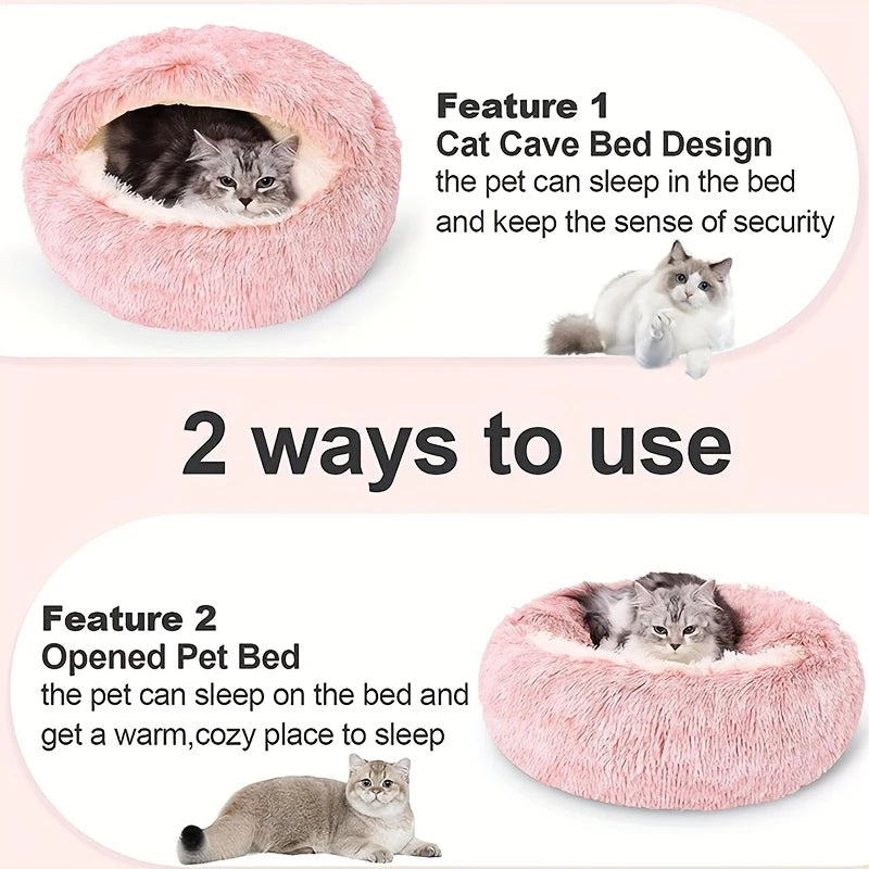 Plush Hooded Cat Cave Bed Round Semi‑Enclosed Shell Pet Nest Washable Anti‑Slip Warm All Season Sleeping Bed For Cats Small Dogs Pi-Mart
