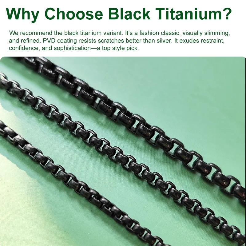 Pure Titanium Black Round Box Link Chain Necklace - 2.5/3/4mm Fashionable Gift Accessory Pi-Mart