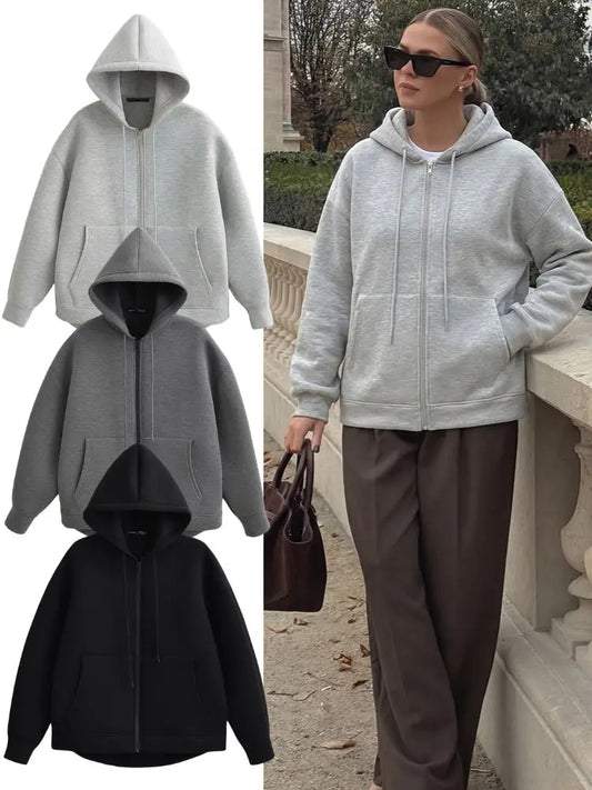 HH 2026 Casual Women's Soild Zipper Hoodie Long Sleeve Big Pocket Zipper Jacket With Hood Female Loose Outerwear Coat Tops LadyShow.Store