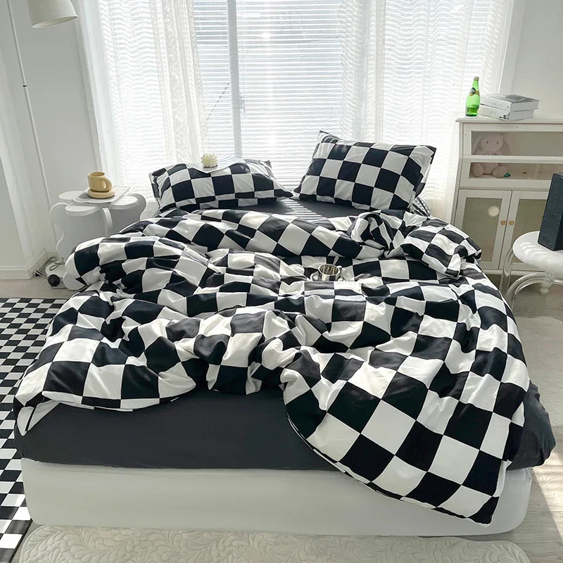 Checkerboard Bedding Comforter Set with Pillowcase bed sheet Single Full Size Bed Linen Duvet Cover Set Queen/King Double Single LadyShow.Store