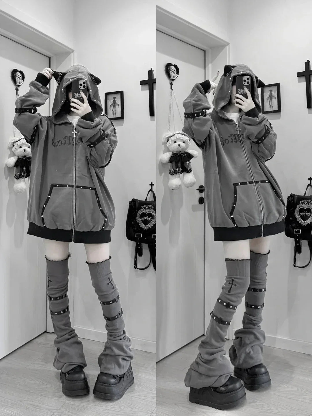 Streetwear Harajuku Hoodies Jackets Women's Clothing Hooded Punk Zipper Coat Japanese Rivet Print Vintage Casual Y2k Sweatshirts LadyShow.Store