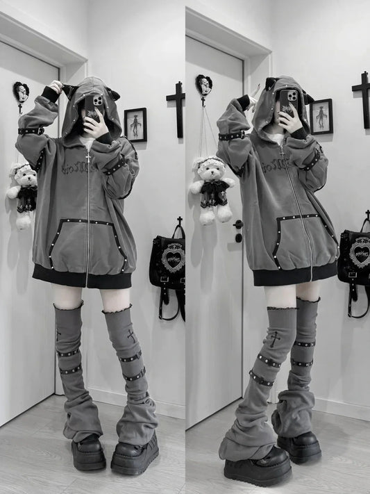 Streetwear Harajuku Hoodies Jackets Women's Clothing Hooded Punk Zipper Coat Japanese Rivet Print Vintage Casual Y2k Sweatshirts LadyShow.Store