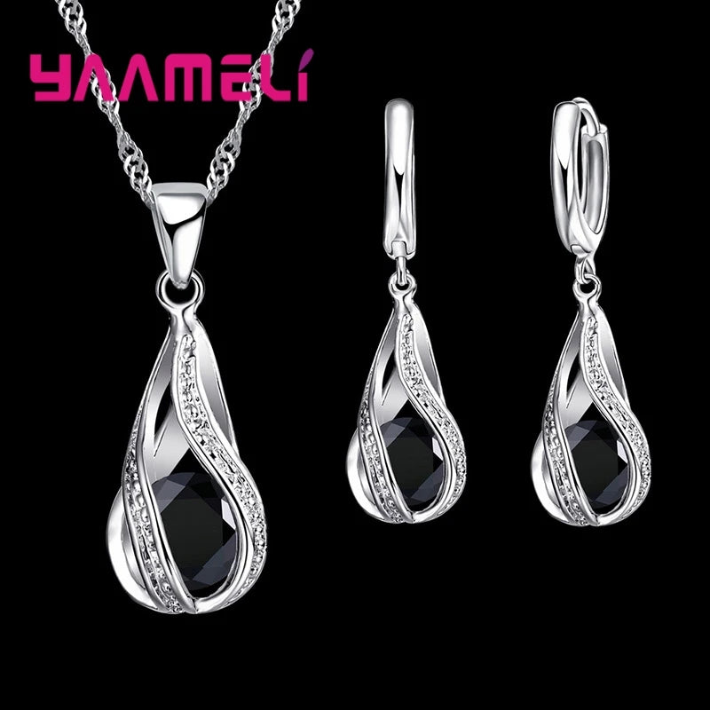 Hot Water Drop CZ 925 Sterling Silver Plated Jewelry Set For Women Pendant Necklace Hoop Earrings Wedding Party Ceremoey Anel Pi-Mart