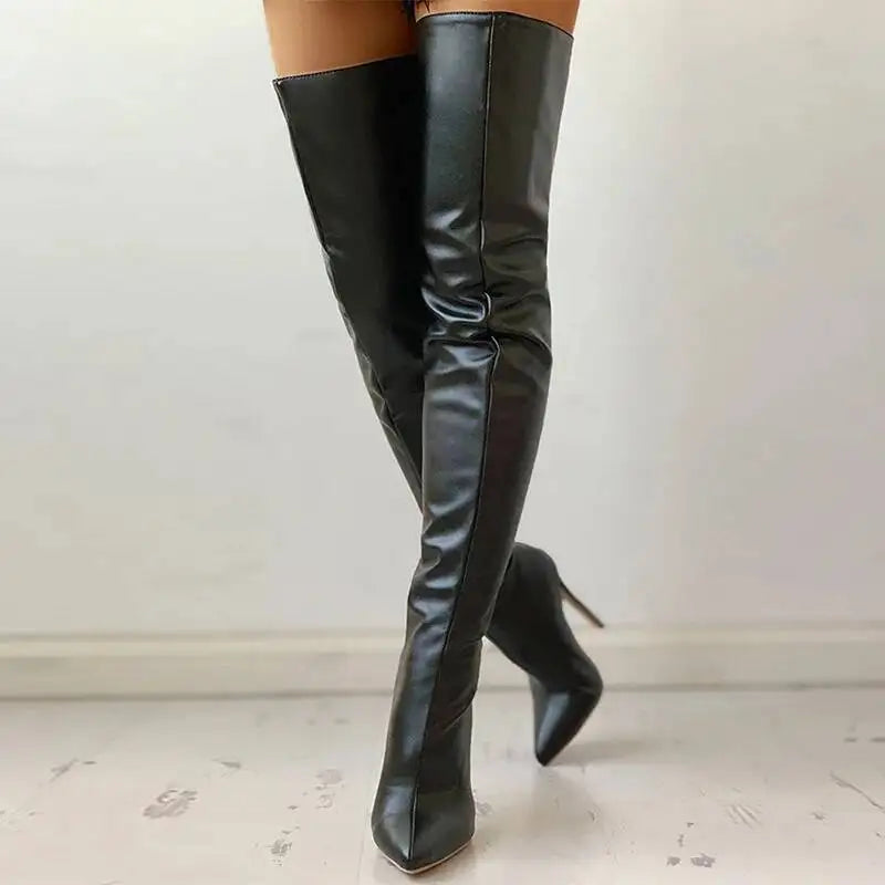 2026 Black Over The Knee Boots Stiletto High Heels 11 Cm Club Party Slim Leg Boots Size 46 Waterproof Personality Boots LadyShow.Store