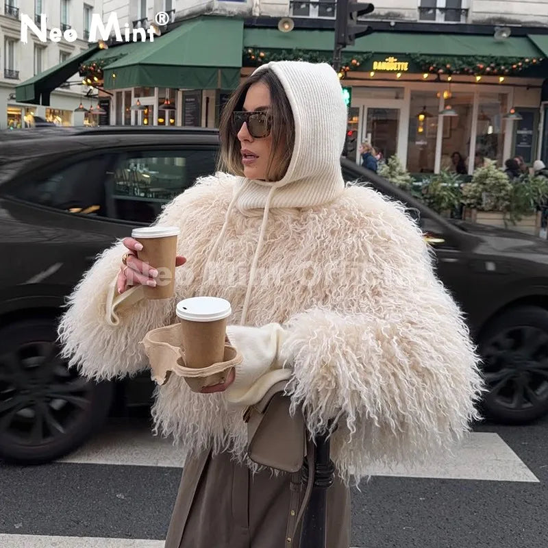 Neo Mint Chic Street Girls Round Neck Faux Mongolia Sheep Fur Coat Women 2025 Winter Fluffy Warm Fur Jacket Cropped Outerwear LadyShow.Store