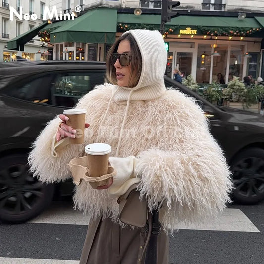 Neo Mint Chic Street Girls Round Neck Faux Mongolia Sheep Fur Coat Women 2025 Winter Fluffy Warm Fur Jacket Cropped Outerwear LadyShow.Store