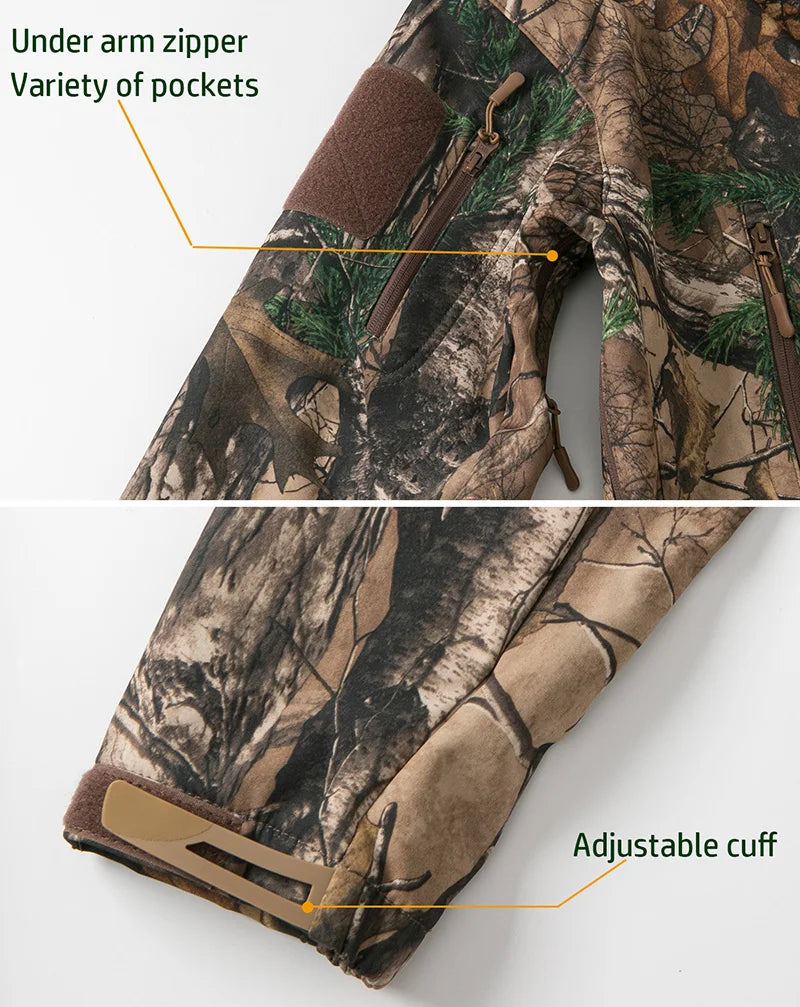 Men's Silent Soft Shell Camouflage Tactical Jacket Waterproof Warm Fleece Hunting Jackets Outdoor Hiking Fishing Hooded Coat Pi-Mart