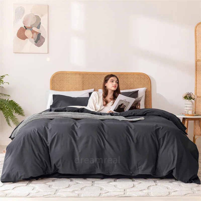 Washed Cotton Bed Linen Bedding Set 4 Pieces Bed Sheets Set Solid Color Comforter Cover Couple Queen King Size Bed Quilt Cover LadyShow.Store