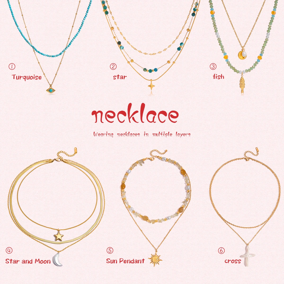 Zora Y2K Trendy 18K Gold Color Plated Sun Cross Fish Moon Pendant Multi Layer Necklace Waterproof Stainless Steel Women Jewelry Pi-Mart