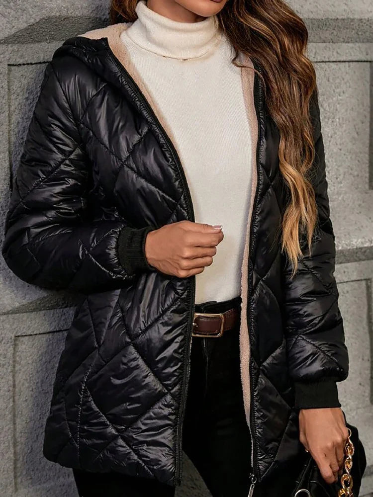 Women Fleece Lined Hooded Quilted Coat Diamond Grid Puffer Jacket Warm Sherpa Lining Zip Up Mid Length Winter Outerwear Parka LadyShow.Store