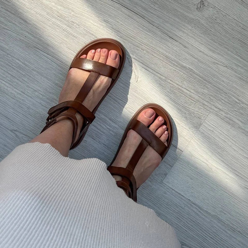 BeauToday Summer Gladiator Sandals Women Calfskin Leather Open Toe T-bar Strap Hook & Loop  Summer Ladies Shoes Handmade 07130 LadyShow.Store