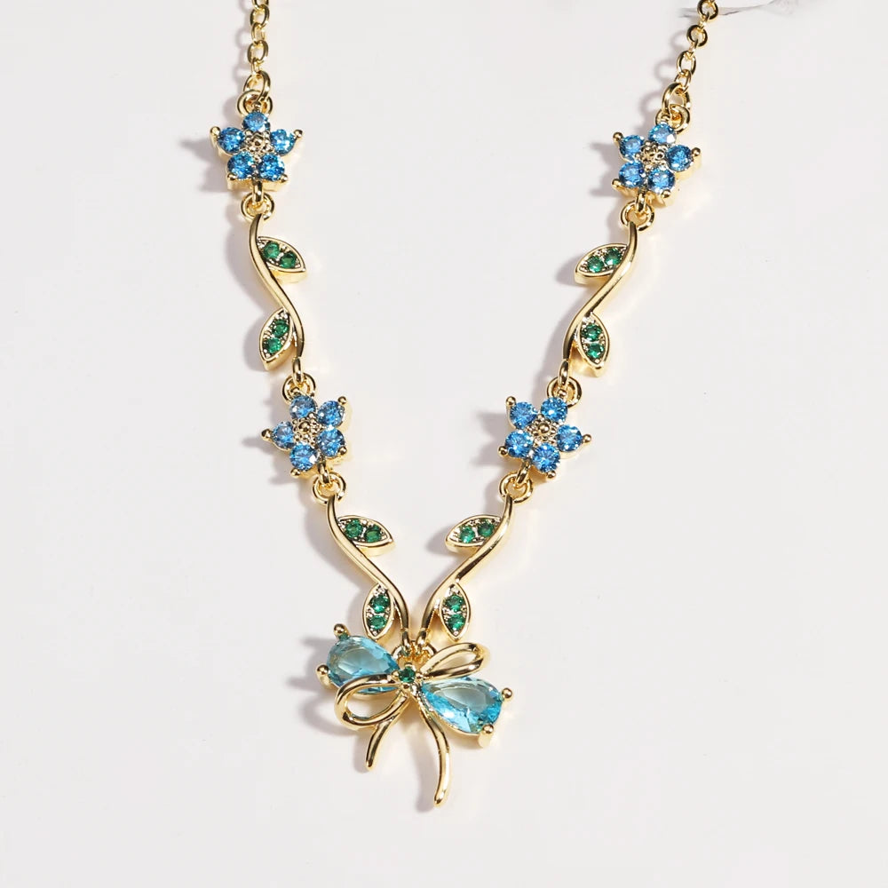 Summer New Fashion Exquisite Bow Leaf Flower Necklace For Women's Elegant Pink Zircon Chain Pendant Jewelry Gifts Pi-Mart