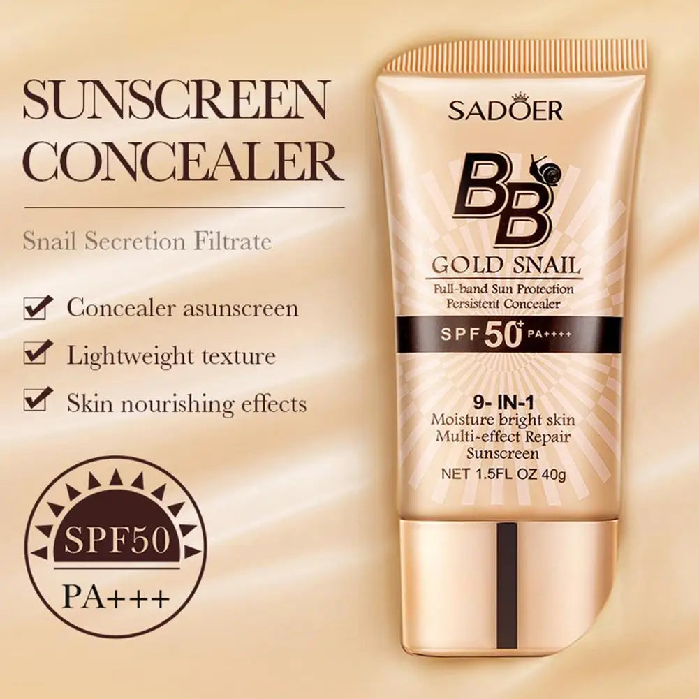 SADOER Gold Snail Sunscreen BB Cream Foundation Concealer Moisturizing Isolation Cream SPF50+PA+++ 40g Facial Moisturizer Tri Light Beauty