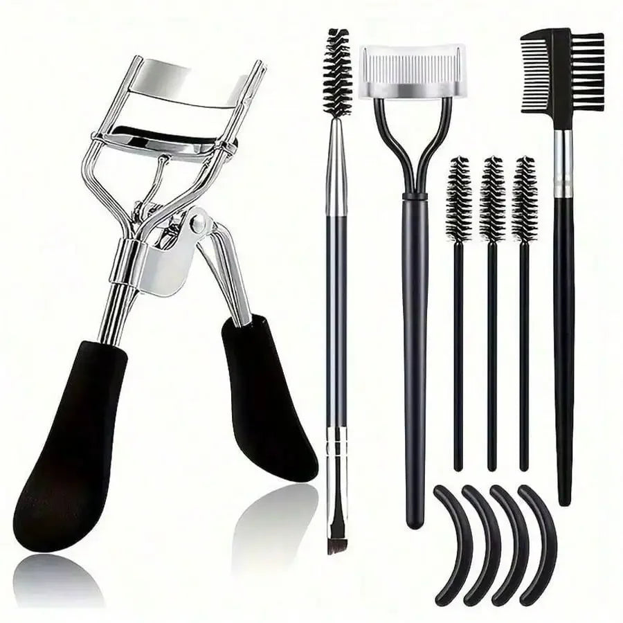 Eyebrow Brush,11-In-1 Eyelash Grooming Kit, Includes Eyelash Curler With Comb Separator, Eyelash Wand,  4 Silicone Refill Pads Tri Light Beauty