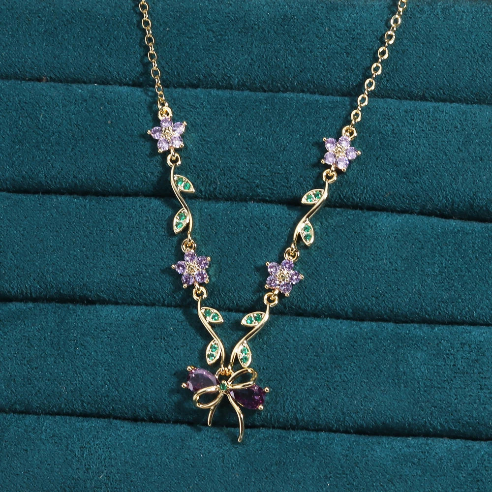 Summer New Fashion Exquisite Bow Leaf Flower Necklace For Women's Elegant Pink Zircon Chain Pendant Jewelry Gifts Pi-Mart