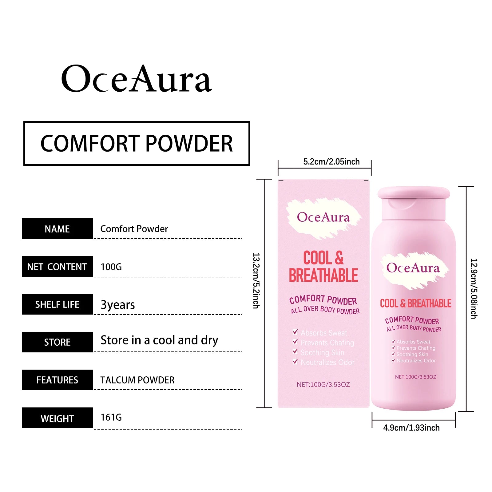 OceAura Body Powder Anti Sweat Armpit Groin Smooth Skin Soothing Comfortable Refreshing Odor Eliminator Anti Chafing Powder 100g Pi-Mart