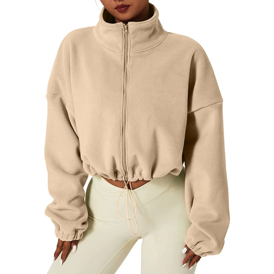 Women Autumn Stand Collar Fleece Jacket Zip Up Cropped Coat Solid Sweatshirt Top Drawstring Fashion Casual Outerwear Sportswear Pi-Mart