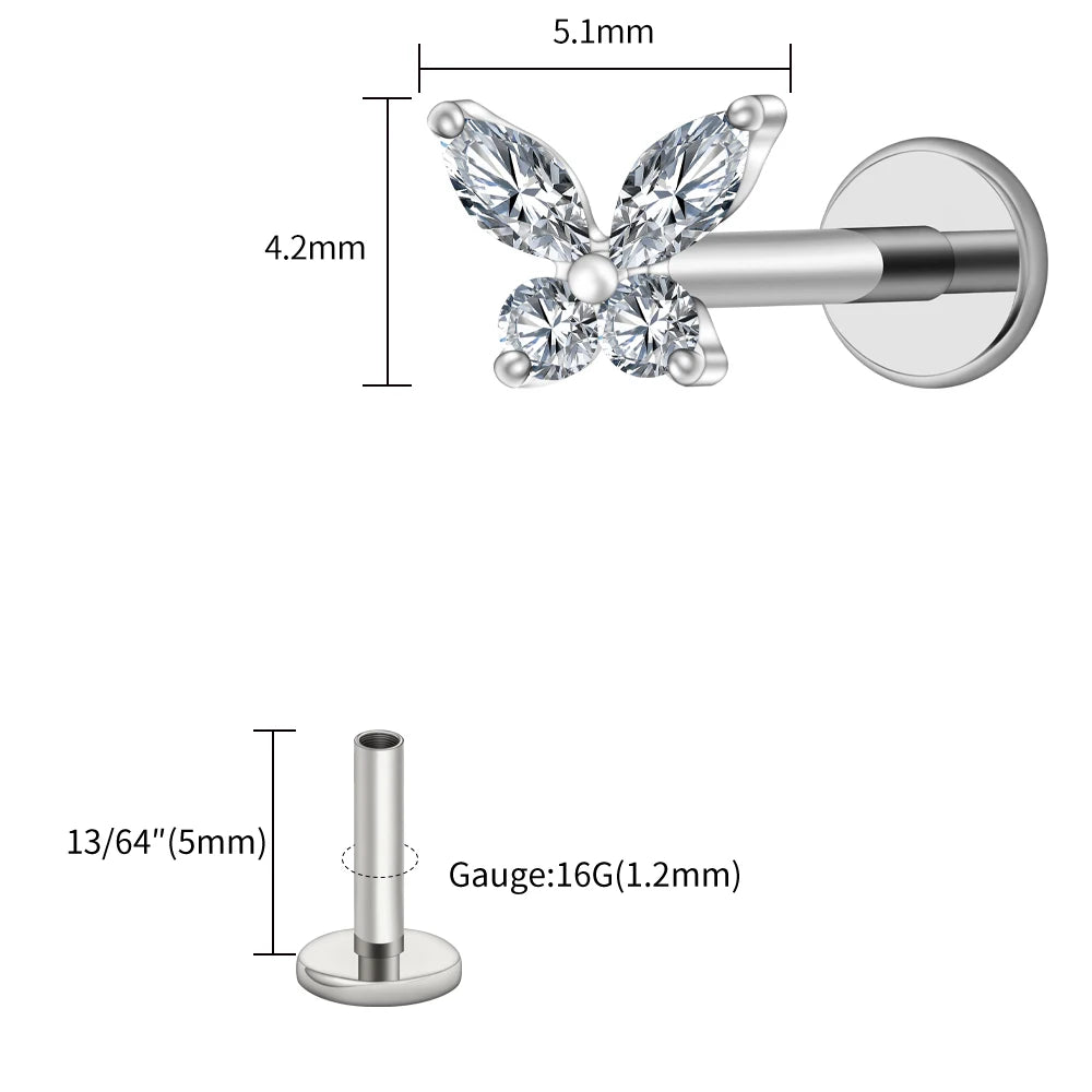 Right Grand ASTM F136 Titanium 16G Mini Butterfly CZ Labret Tragus Cartilage Conch Forward Helix Stud Nose Piercing Body Jewelry Pi-Mart