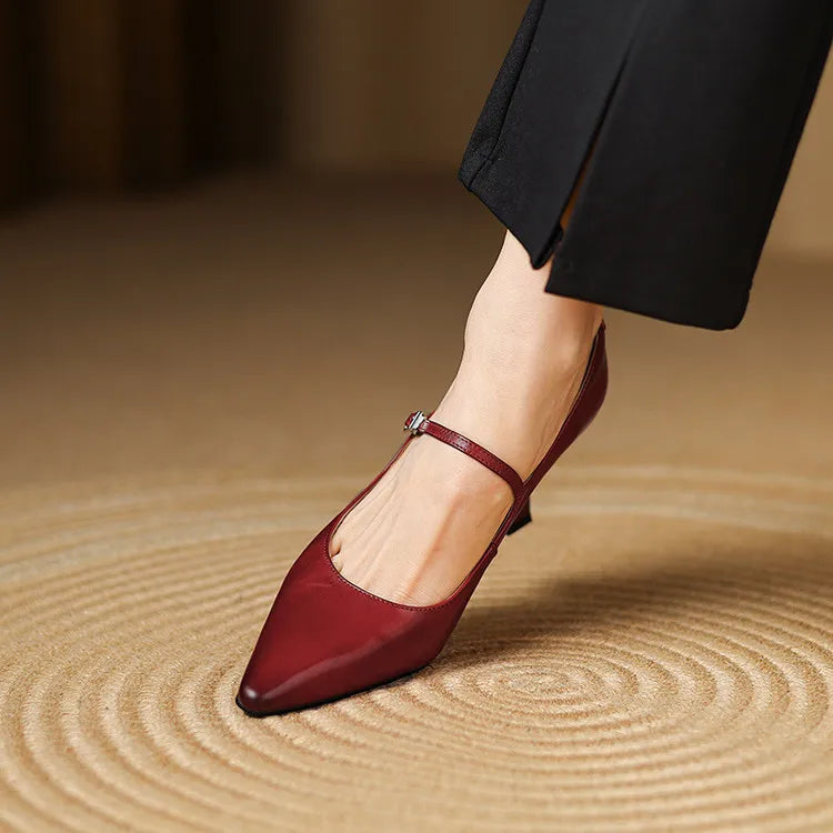 NEW Spring/Autumn Women Pumps Genuine Leather Shoes for Women Pointed Toe Thin Heel Shoes Shallow Buckle Strap Mary Janes Shoes Pi-Mart