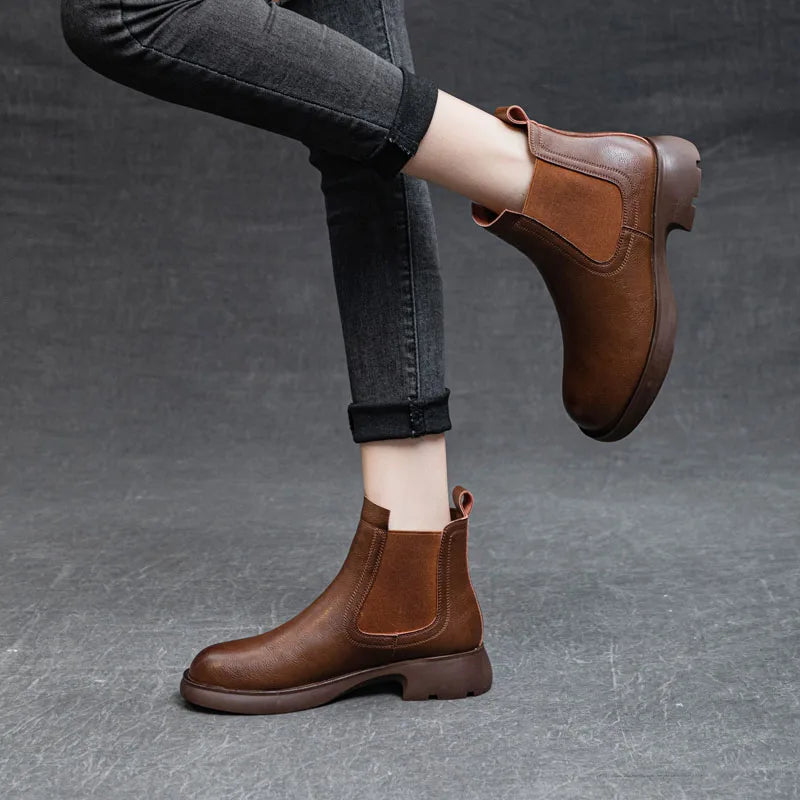 DRKANOL Fashion Women Thick Heel Ankle Boots Autumn Winter Warm Shoes Round Toe Real Cowhide British Style Slip On Chimney Boots Pi-Mart