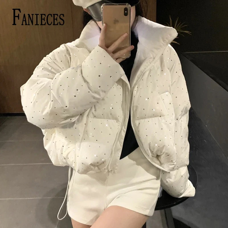 2026 New Winter Clothing Parkas Women's Outwear Short Coats Korean Rhinestone Coat Ladies Thickened Warm Cotton Puffer Jackets LadyShow.Store