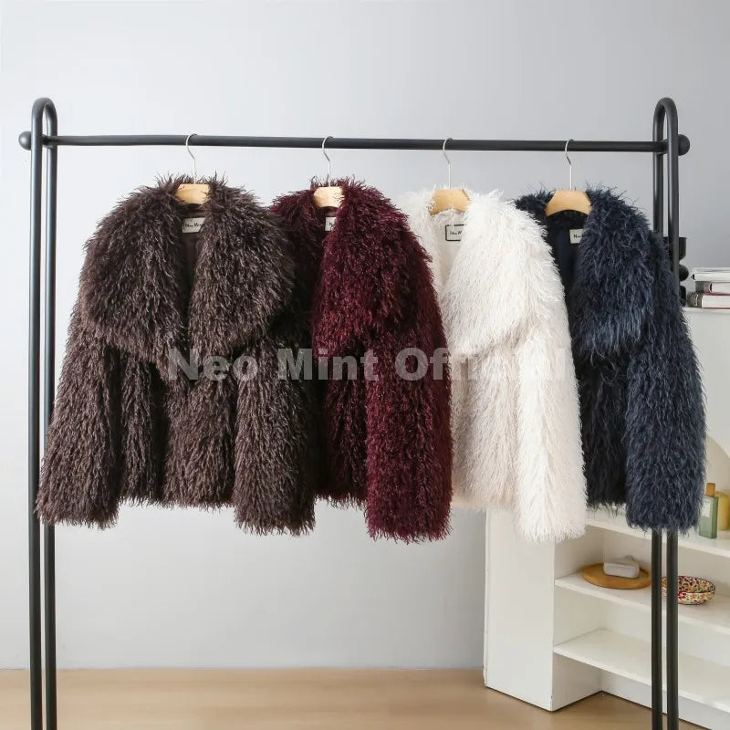 Neo Mint 2025 Winter Lulicore Fashion Brown Faux Fur Coat Women Chic Autumn Warm Fluffy Sheep Fur Jacket Big Fur Collar Overcoat LadyShow.Store