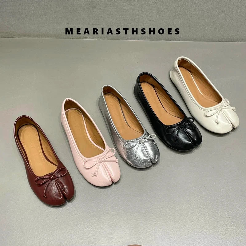 Spring Summer Microfiber Leather Split Toe Women Pumps Fashion bowknot Designer Low Heeled Tabi Soft Soles Loafers Casual Shoes LadyShow.Store