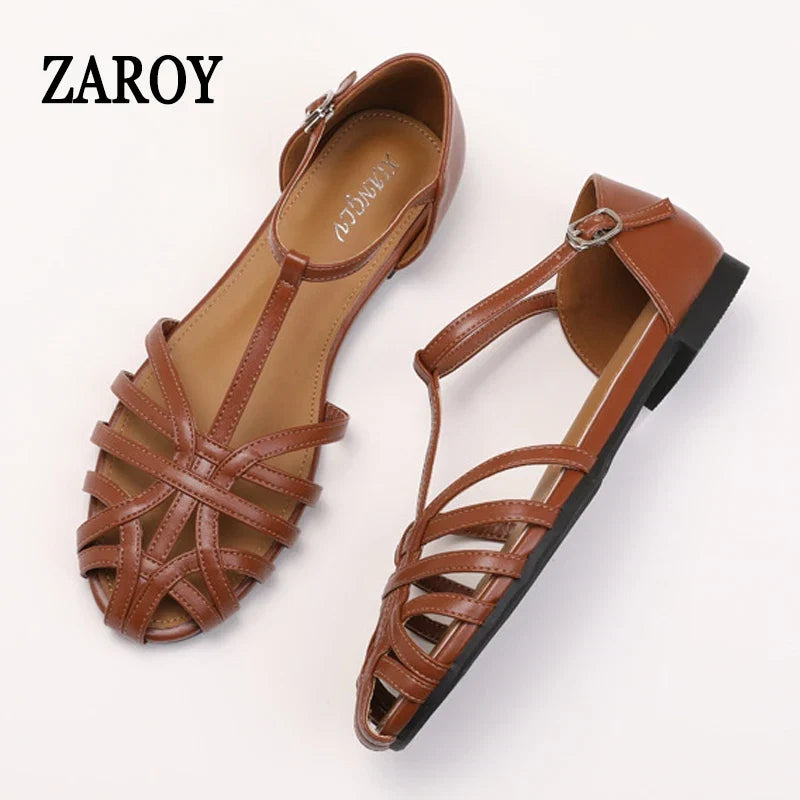 ZAROY Summer Cross Strap Flat Sandals Women Round Toe Ankle Buckle Hollow Casual Roman Sandalia Zapatos De Mujer сандали LadyShow.Store