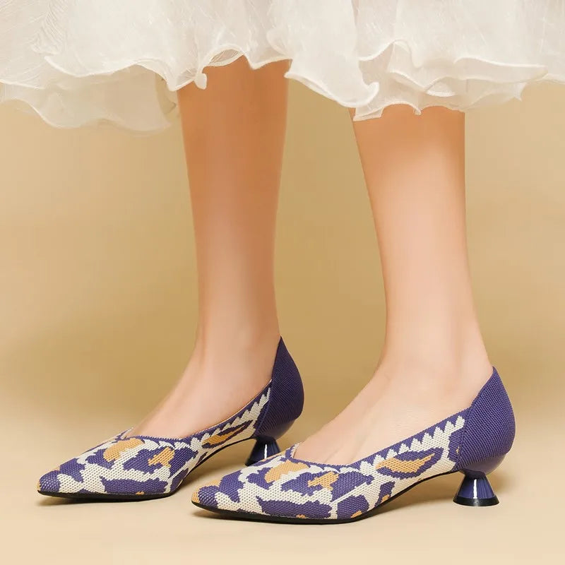 New Knitted Dress Shoes for Women Fashion Leopard Print Pointed Toe Shallow Designer Pumps Elegant Party Banquet Heels Ladies LadyShow.Store