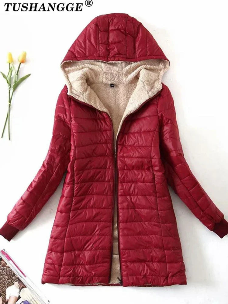 New Mid Length Korean Edition Hooded Fit Women Jackets Autumn Winter Mid-length Office Cotton Coats Warm Lamb Fleece Parkas LadyShow.Store