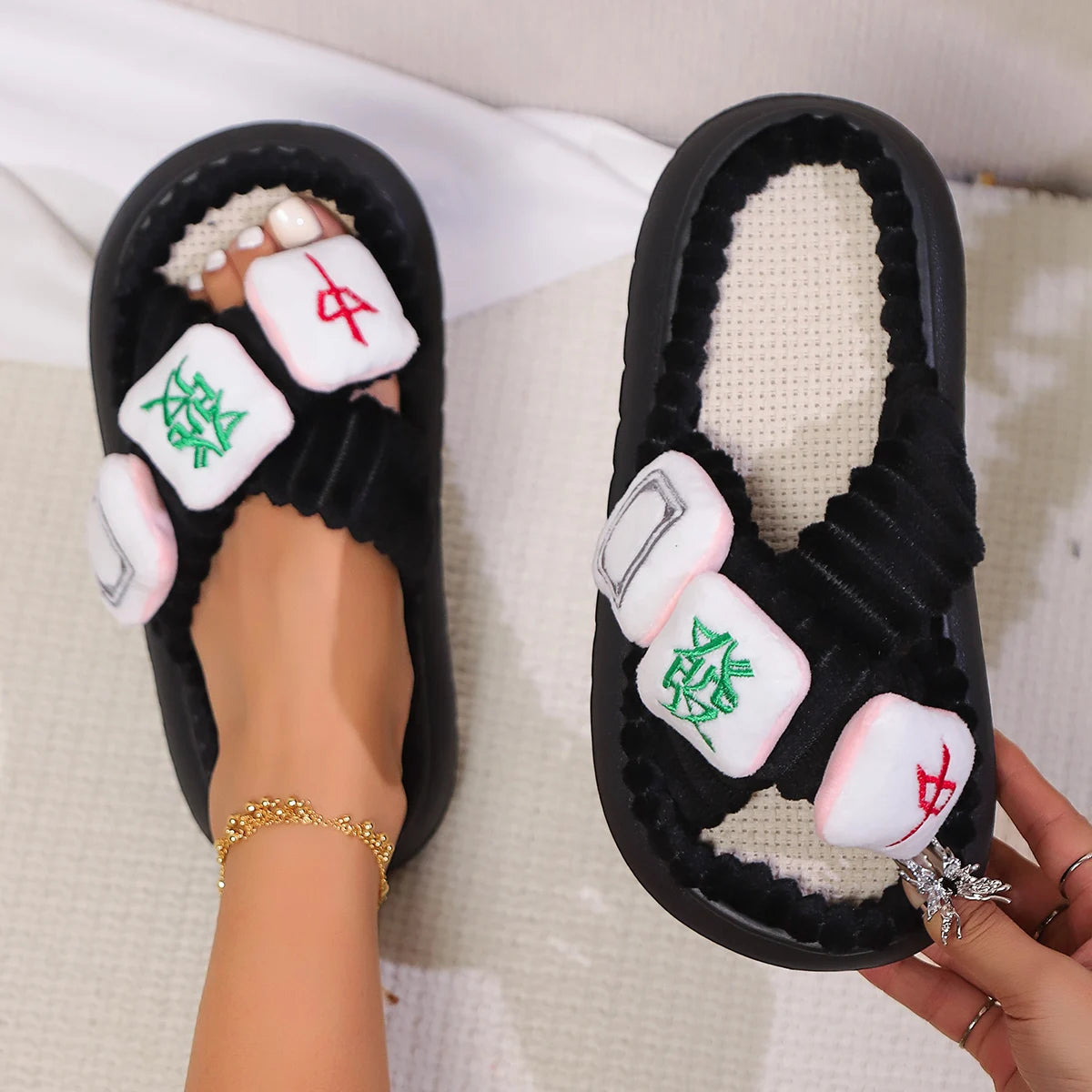 2024 Autumn Winter New Women Home Slippers Open-Toe Cross Band Linen Soled Indoor Slides Linen Soled Non-Slip Bathroom Slippers Pi-Mart