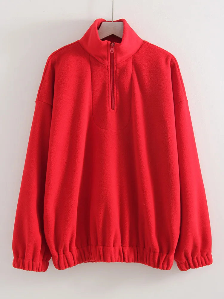 Women Velvet Sweatshirts With Half Zipper Long Sleeve Pink Warm Pullover Female Loose Yellow Sweatshirts For Women Zip Blue Tops LadyShow.Store
