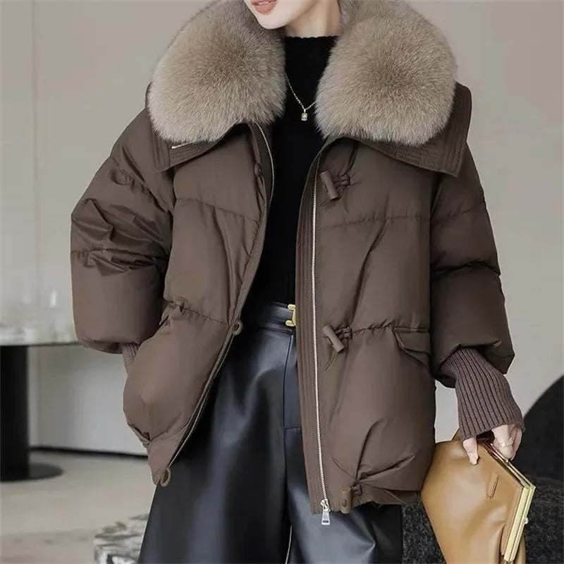 2026 Autumn/Winter New Down Jacket Women's Korean Loose Short Coat Female big fur collar Cotton Jacket Women Snow Parka Coats LadyShow.Store