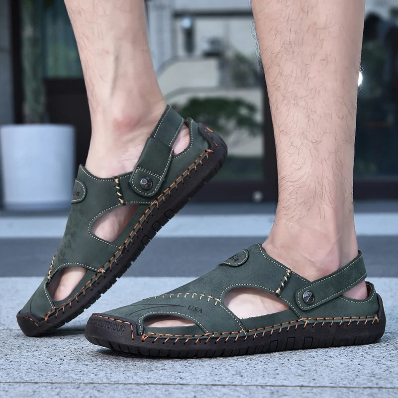 New Handmade Summer Sandals Men Breathable Leather Shoes Man Outdoor Men Sandals Antiskid Beach Sandals Hollow Shoes Fashion Pi-Mart