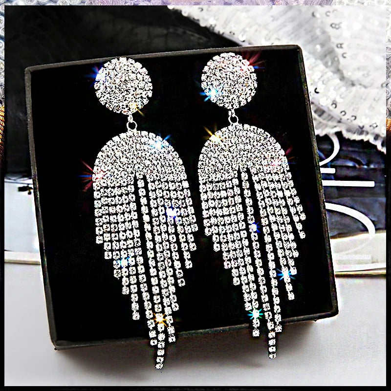 Shiny Crystal Zircon Long Stud Earrings for Women Geometric Hanging Drop Tassel Earring Fashion Party Vintage Pendant Jewelry Pi-Mart