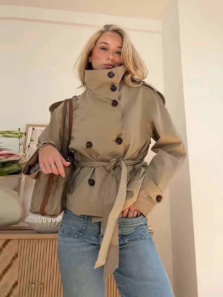Belted Waist Cropped Trench Jackets Women Double Breasted Stand Collar Coats 2025 Autumn Chic Casual Vintage Jacket Women Cloth LadyShow.Store