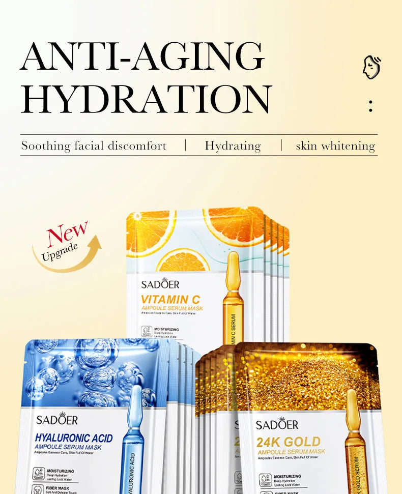 10pcs SADOER 24K Gold Vitamin C Hyaluronic Acid Face Mask Facial Moisturizing Firming Hydrating Facial Masks Skin Care Products Pi-Mart