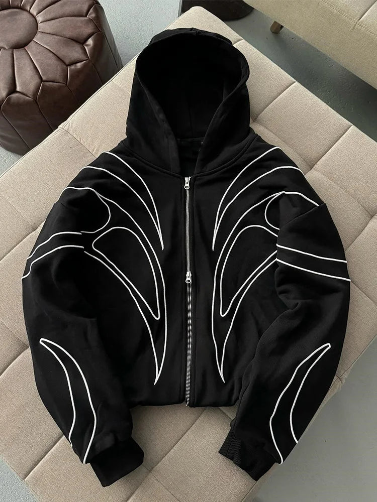 Street Retro Fashion Clothing Striped Embroidered Black Double Zipper Hoodie American Hip-hop Punk Oversized Sweatshirt women LadyShow.Store
