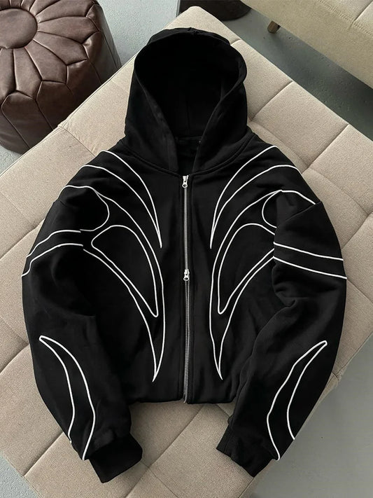 Street Retro Fashion Clothing Striped Embroidered Black Double Zipper Hoodie American Hip-hop Punk Oversized Sweatshirt women LadyShow.Store