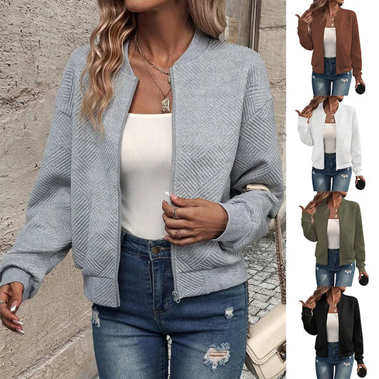 Women's autumn and winter new solid color simple and exquisite zipper jacket baseball collar casual jacket LadyShow.Store