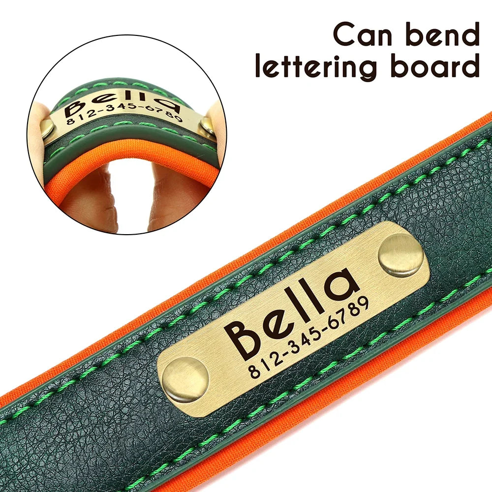 Customized PU Leather Nameplate Dog Collar Soft Padded Dogs Collars Free Engraving Name for Small Medium Large Dogs Adjustable LadyShow.Store