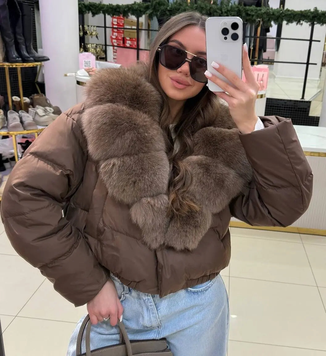 Luxury Thick Faux Fox Fur Collar Cropped Puffer Coat Women Oversized Lapel Zip Up Short Warm Windproof Winter Outerwear Jacket Pi-Mart