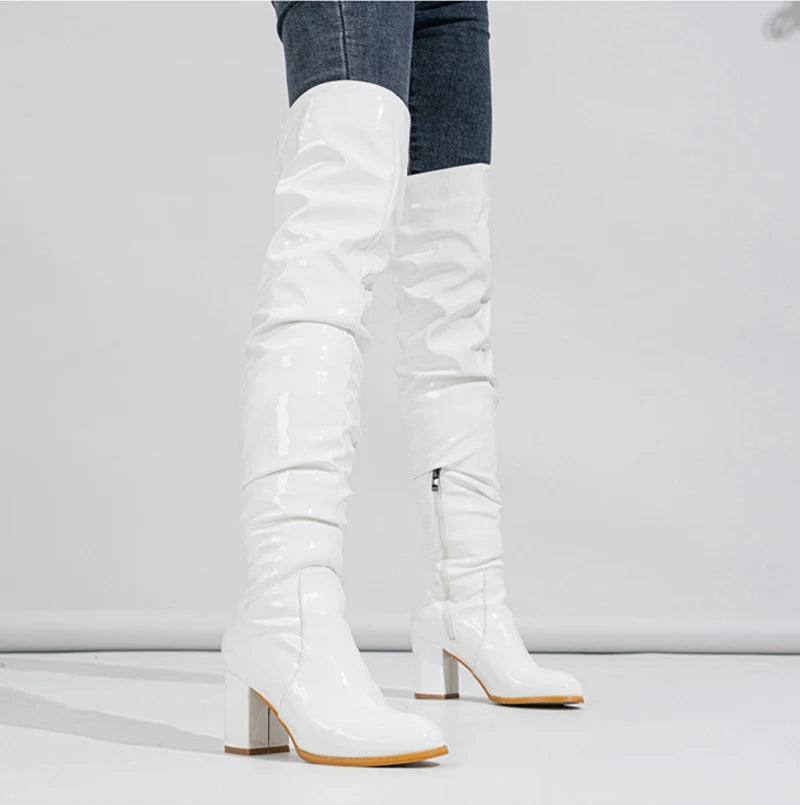 Hlieny 2026 Winter New Thigh High Boots Fashion Patent Leather Round Toe Zip Female Square Heels Pleated Design Women's Shoes Pi-Mart