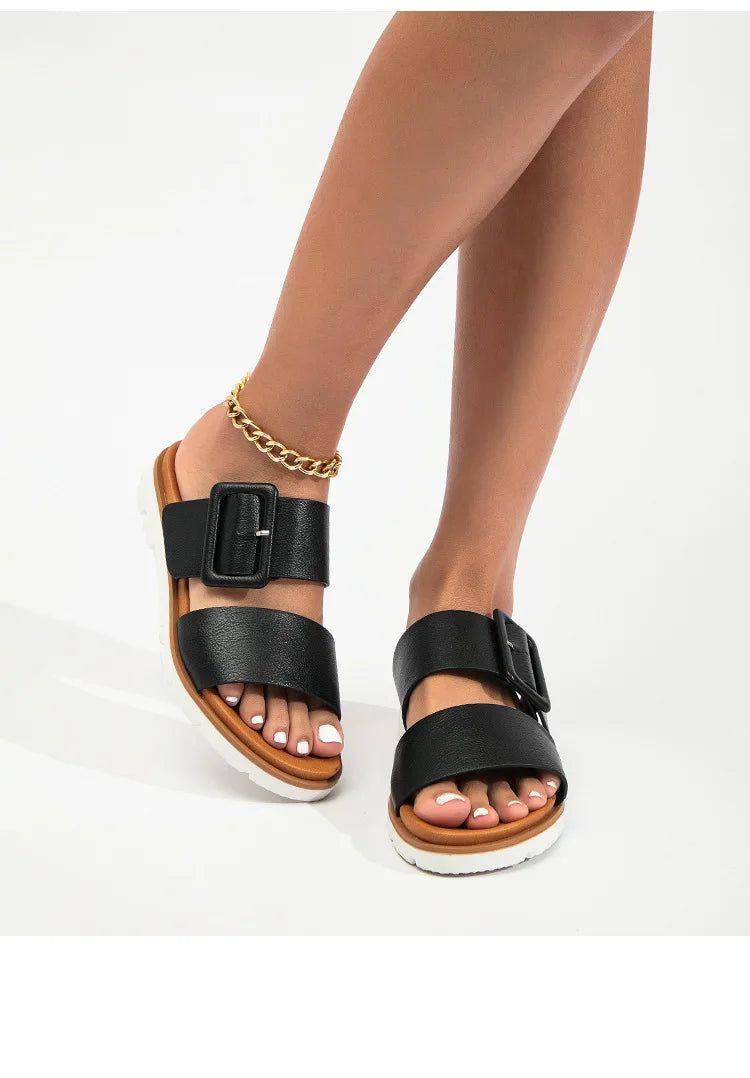 Adjustable Square Buckle Women Slide Sandals Two Strap Platform Slippers Low Heel Soft Sole Summer Open Toe Walking Casual Shoes Pi-Mart