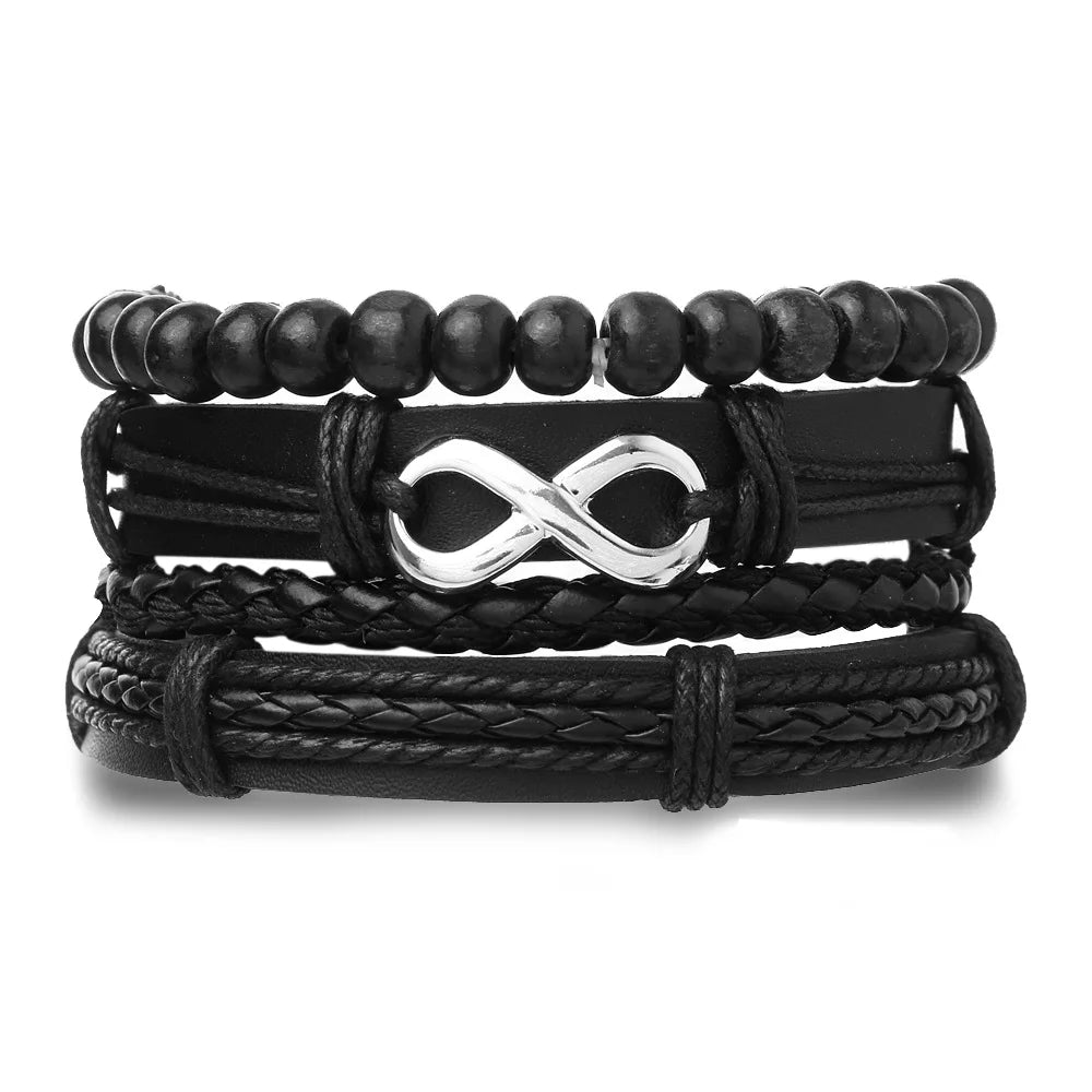 4Pcs/ Set Braided Wrap Leather Bracelets for Men Vintage Life Tree Rudder Charm Wood Beads Ethnic Tribal Wristband Rope Bracelet Pi-Mart