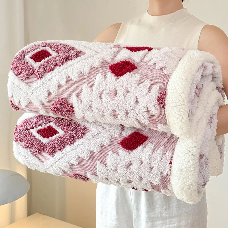 Geometric Patterned Jacquard Fleece Blanket Double Layer Thick Warm Taffeta Sofa Throw Blanket Spring Autumn Plush Bed Blanket Pi-Mart